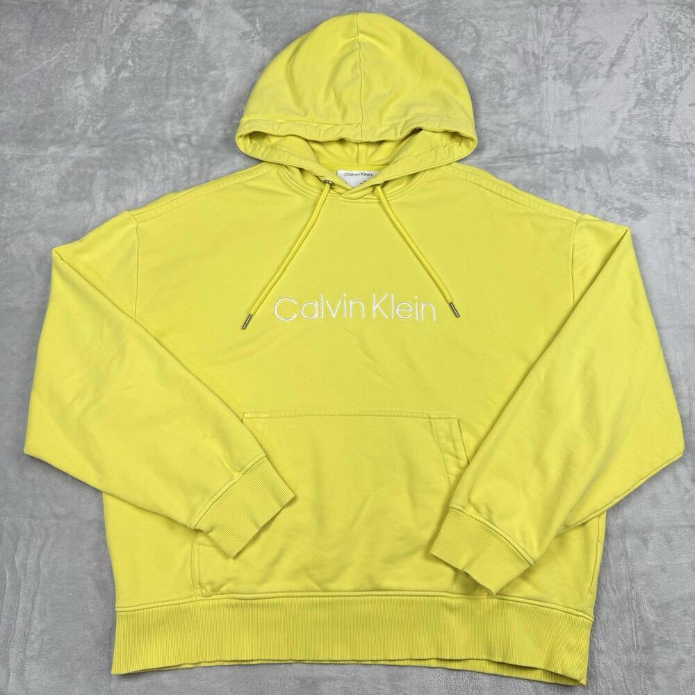 Calvin Klein Yellow Hoodie Unisex Size M Bright Logo Pullover Fleece Relax Fit